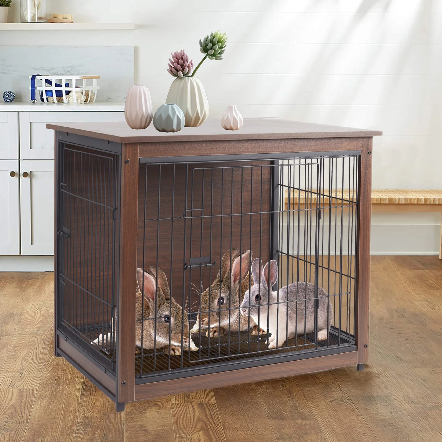 Black Kennel Indoor Robust Wooden Cage Crate Pet House Dual Door Vintage End Table