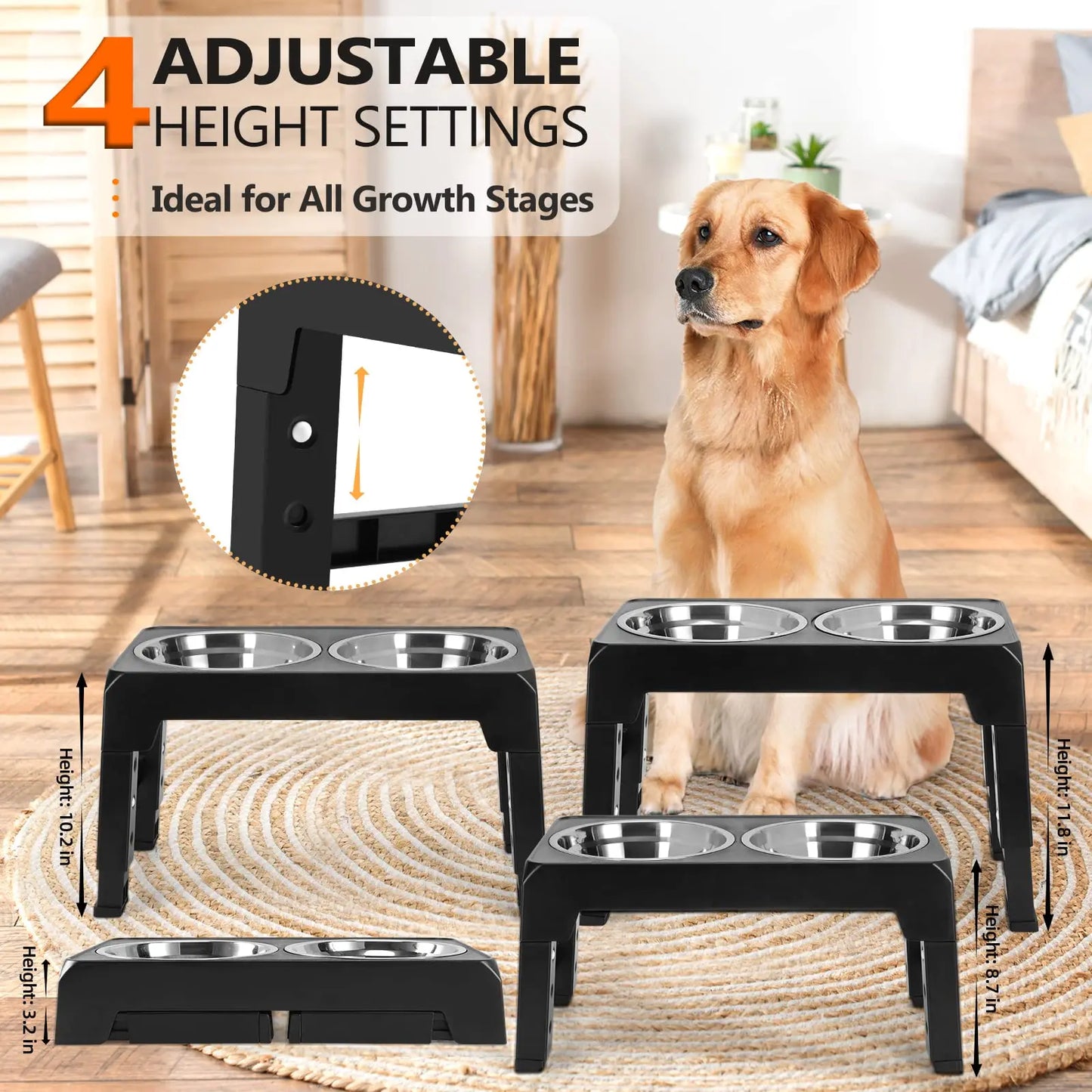 Elevated Dog Feeder Dogs Bowls Adjustable Raised Stand with Double Stainless Steel