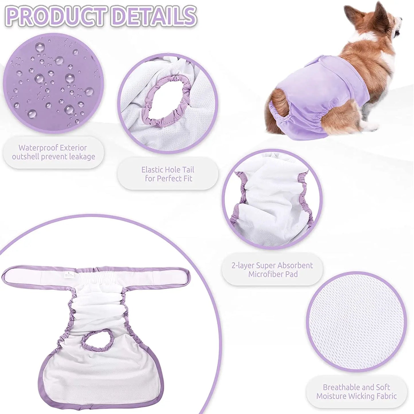 Reusable Female Dog Diapers High Absorbent Nappies, Adjustable Pet Panties for Small Medium Large Girl Dogs